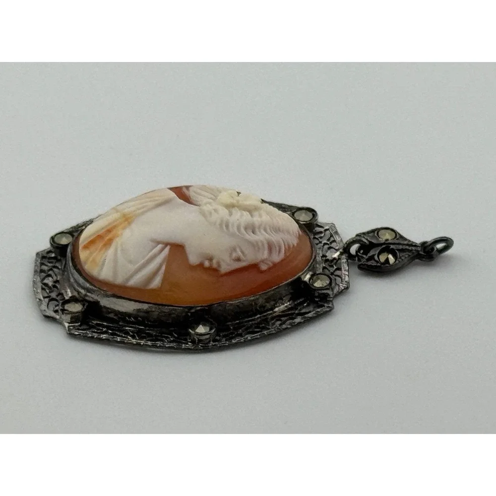 Vintage‎ Art Deco Sterling Silver Filigree Marcasite Carved Shell Cameo Pendant